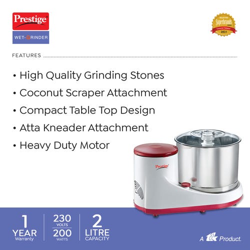 Prestige PWG 05 Wet Grinder with Stainless Steel Drum 200 W, 2 L (White, Red)