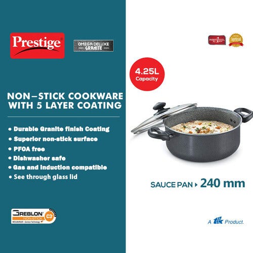 Prestige Omega Deluxe Granite Non-stick Round Base Sauce Pan with Glass Lid (Black)