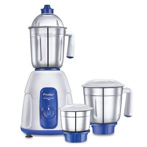 Prestige Vista Plus 750W Mixer Grinder with 3 Stainless Steel Jars(White & Blue, Superior Grade Plastic Body, Wet jar-1550ml, Dry Jar-1300ml, Chutney Jar-480ml)
