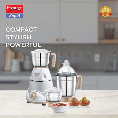 Prestige Rapid 550 W Mixer Grinder, 3 Jars (1400 ml, 1000 ml, 400 ml) (Off-White, Silver)