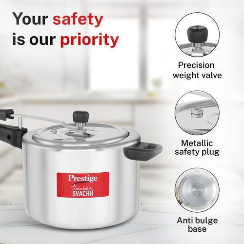 Prestige Nakshatra Svachh Aluminium Inner Lid Pressure Cooker with Unique Deep Lid for Spillage Control, 8 L