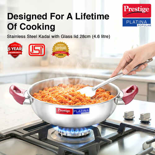 Prestige Platina Popular Stainless Steel Unique Impact Forged Bottom Kadai with Toughened Glass Lid, 28cm (4.6 L)  (Silver)