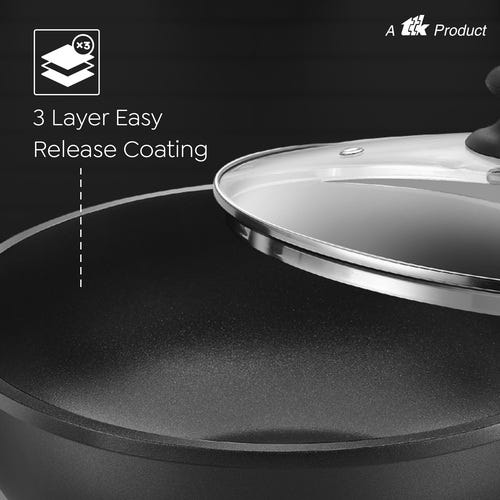Omega Die-Cast Plus Aluminium Non-Stick Kadai with Glass Lid
