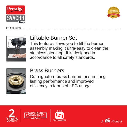 Prestige Svachh Neo Toughened Glasstop Gas Stove with Liftable Burners (Black)