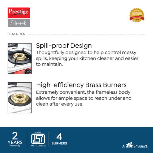 Prestige Sleek Stainless Steel Gas Stove (4 Burners)