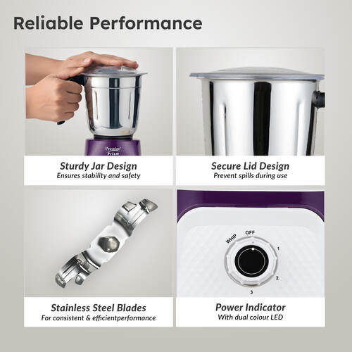 Prestige 750 Watts Prism Mixer Grinder with 3 Stainless Steel Jars| LED Power Indicator|Flow Breaker Design|Sturdy Handles| Purple and White