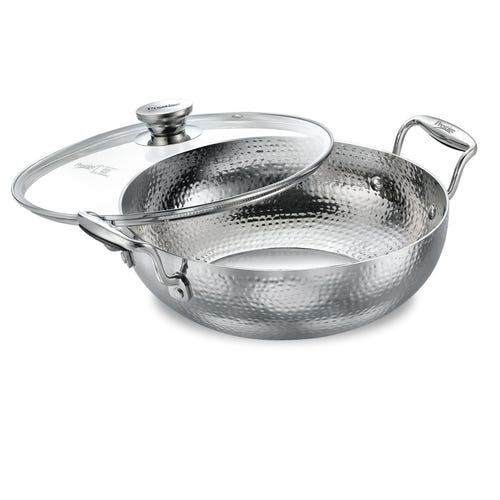 Prestige Tri Ply Hammered Stainless Steel Deep Kadai with Glass Lid