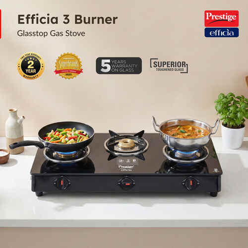Prestige Efficia LP Gas Stove with Powder-Coated Body, Glass Top & 3 Brass Burners