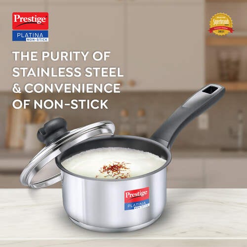Prestige Platina Non-stick Stainless Steel Round Base Sauce Pan with Glass Lid (Silver)