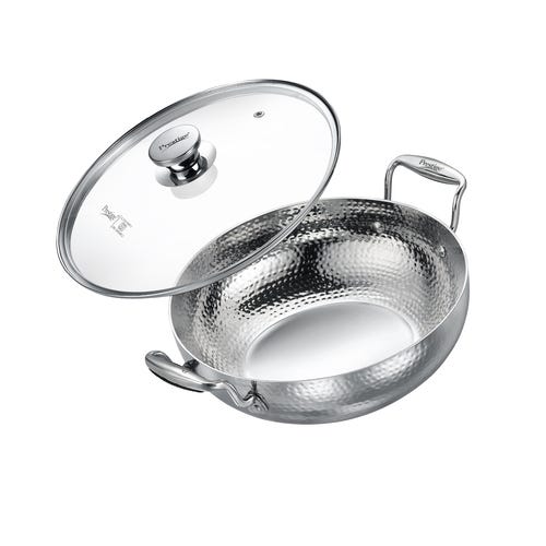 Prestige Tri Ply Hammered Stainless Steel Deep Kadai with Glass Lid