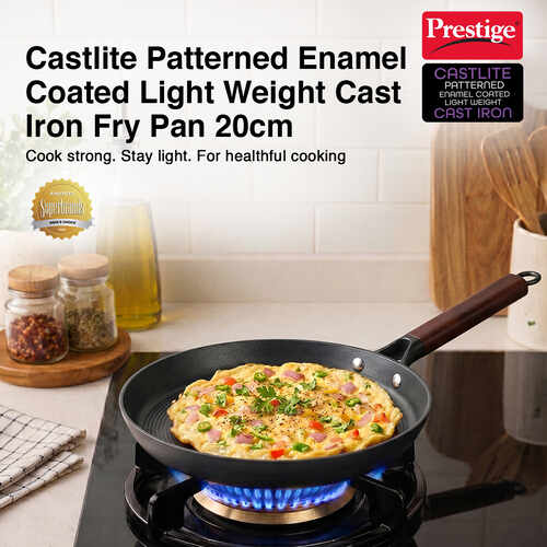 Prestige Castlite Patterned Enamel Coated Cast Iron Fry Pan  | High Heat Retention, Rust-Proof | Gas & Induction Compatible | Low-Oil Cooking | Stay-Cool Handle | Easy Clean | 15Y Warranty
