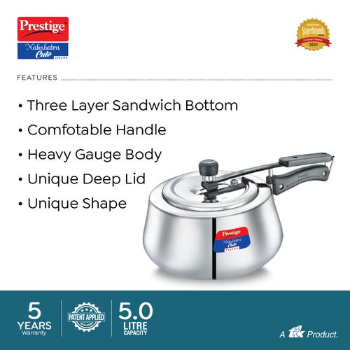 Prestige Nakshatra Cute Svachh Stainless Steel Spillage Control Pressure Cooker (Silver) 5 L