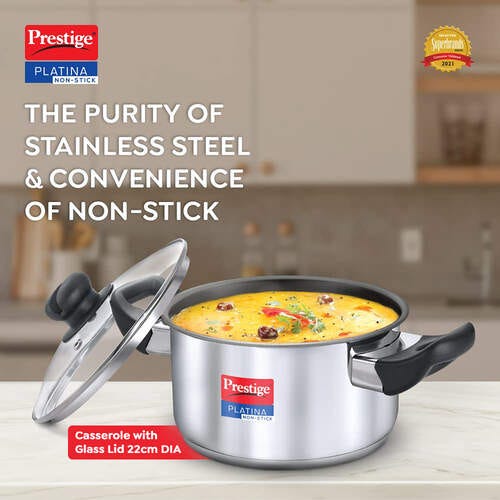 Prestige Platina Non-stick Stainless Steel Unique Impact Forged Bottom Casserole with Glass Lid 22cm (Silver)