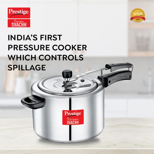 Prestige Nakshatra Svachh Aluminium Inner Lid Pressure Cooker with Unique Deep Lid for Spillage Control, Silver