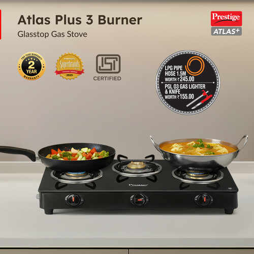 PRESTIGE ATLAS PLUS LP GAS STOVE 1 U GTA-03+ (WITH POWDER COATED BODY, GLASS TOP AND 2 U BRASS BURNERS) & L. P. GAS HOSE (WITH STEEL WIRE RE-INFORCED-1.5m)1 U & GAS LIGHTER PGL 03 1 U & KNIFE 1 U FREE