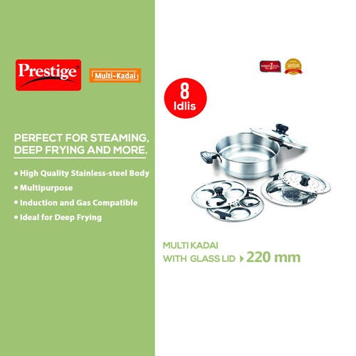 Prestige Stainless Steel Induction Base Multi-Kadai with Glass Lid (Dhokla Plate, Patra Plate, Idli Plates), (Silver)
