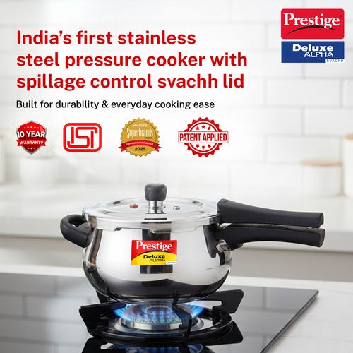 Prestige Deluxe Alpha Svachh Stainless Steel Spillage Control Junior Handi Pressure Cooker, 4 L (Silver)