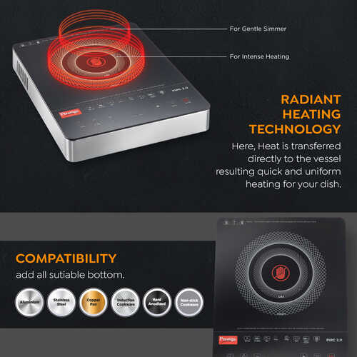 Prestige PIRC 2.0 2000 Watts Infrared Dual Heating Zone Cooktop |High Voltage Surge Protection| Dual Heat Mode| Radiant Heating Technology| Feather Touch Buttons| Stainless Steel| Portable