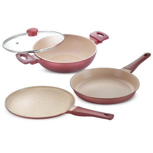 Prestige Omega Die Cast Aluminium Non-Stick Combo Cookware Set of 3-Omni Tawa 27cm, Fry Pan 24cm, Kadai 24cm with Glass Lid Maroon