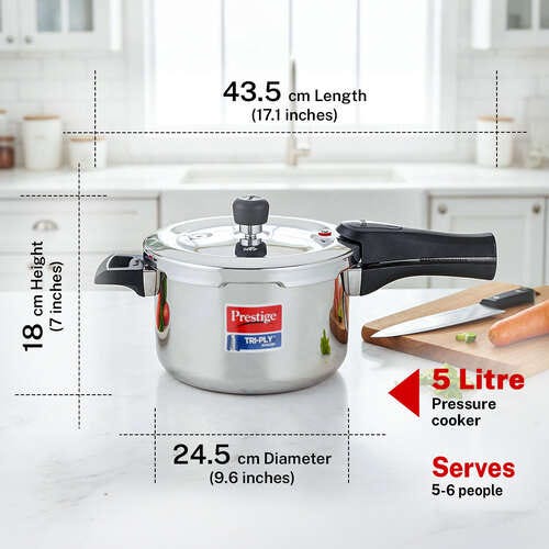 Prestige Svachh Triply Outer Lid Pressure Cooker with Unique Deep Lid for Spillage Control, 5 Litre, Silver