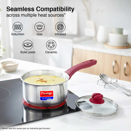 Prestige Platina Popular Stainless Steel Unique Impact Forged Bottom Sauce Pan with Glass Lid, 18cm (2 L) (Silver)