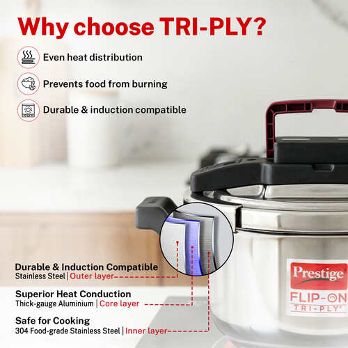 Prestige Flip-On Tri-Ply Stainless Steel Pressure Cooker 3 L 180M With Glass Lid