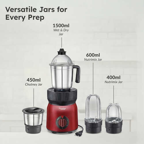 Prestige Fusion 4J 750 Watt Mixer Grinder with with 4 Jars (2 Stainless Steel + 2 Transparent) | Space-Saving Design | Extra Sipper & Storage Lid | Stainless Steel Blades | 2Y Warranty | ISI Certified