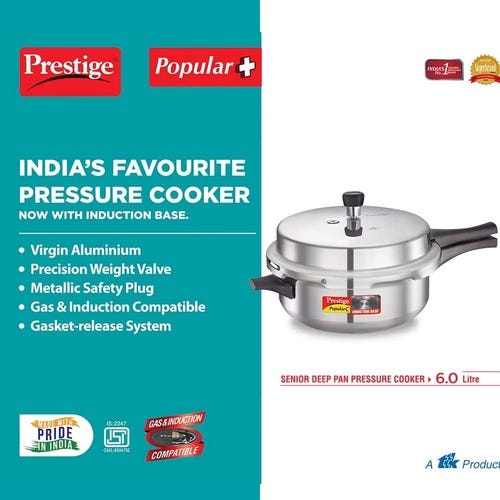 Prestige Popular Plus Virgin Aluminium Gas and Induction Compatible Senior Deep Pan Pressure Cooker, 6 L (Silver)