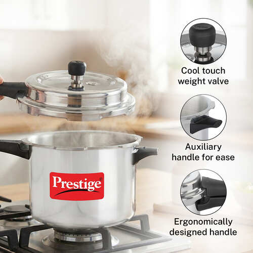 Prestige 5 Litre Aluminium Popular Svachh Outer Lid Pressure Cooker | Deep Lid for Spillage Control | Anti-Bulge Base | Gasket Release System | 5Y Warranty | ISI Certified