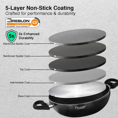 Prestige Omega Deluxe Granite Non-stick Kadai with Glass Lid, 24cm, 2.4 L (Black)