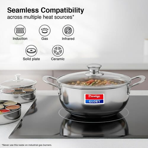 Prestige Glory Stainless Steel Cookware Kadai 22 Cm / 3.5 L With Glass Lid