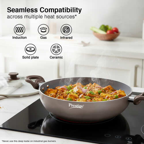 Prestige Ceraglide Duo Ceramic Coating Non Stick Aluminium Cookware Deep Kadai with Glass Lid
