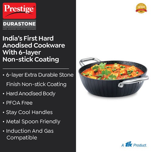 Prestige Durastone Hard Anodised 6 Layer Non-Stick Kadai with Glass Lid (Black)
