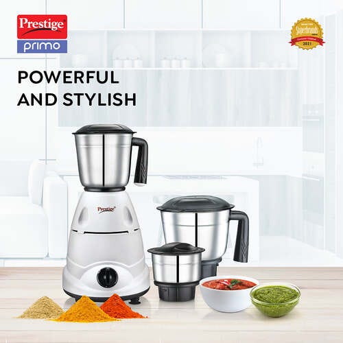 Prestige 500 Watts Primo Mixer Grinder with 3 Stainless Steel Jars| Ergonomic Design| Sturdy Handles| Black & White