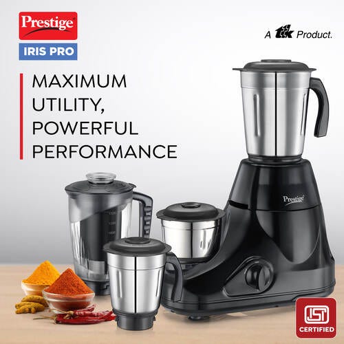 Prestige 750 Watts Iris Pro Mixer Grinder with 4 Jars (3 Stainless Steel Jars + 1 Juicer Jar)|4 Super Efficient Stainless Blades |Jar Storage Space|Sturdy Handles |2 Years Warranty|Black