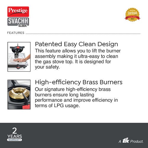 PRESTIGE SLEEK SVACHH GAS STOVE (WITH STAINLESS STEEL TOP AND 3 UNIT BRASS BURNER)