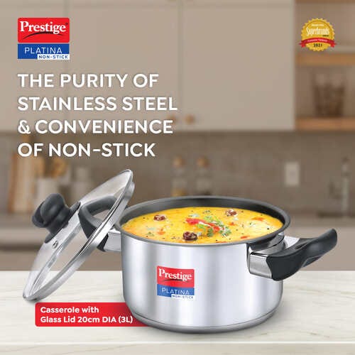 Prestige Platina Non-stick Stainless Steel Unique Impact Forged Bottom Casserole with Glass Lid 20cm (Silver)