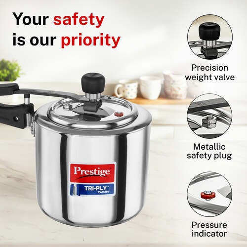 Prestige 3 Litre TRIPLY Svachh Inner Lid Pressure Cooker | Deep Lid for Spillage Control | Visual Pressure Indicator | Metallic Safety Plug | VPI | Gas & Induction Compatible | 5Y Warranty | ISI