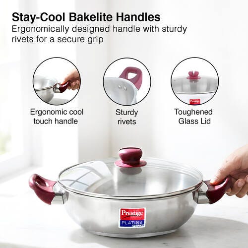 Prestige Platina Popular Stainless Steel Unique Impact Forged Bottom Kadai with Toughened Glass Lid, 22cm (2.25 L) (Silver)