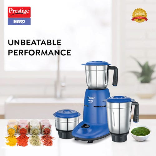 Prestige 550 Watts Hero Mixer Grinder with 3 Stainless Steel Jars|Elegant Design| Sturdy Handles| Red and White