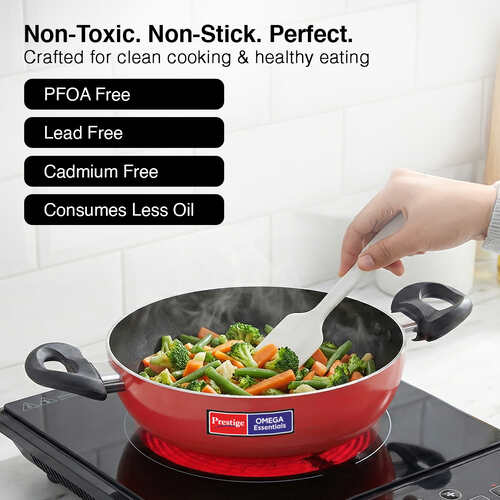 Prestige Omega Aluminium Non-Stick Essentials Kadai Dia 24 cm /2.4 L with Glass Lid