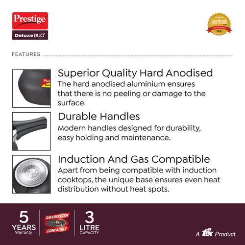 Prestige Deluxe Duo Plus Hard Anodised Pressure Cooker with 1 Glass Lid and 1 Stainless Steel Lid, 3 L (Black)