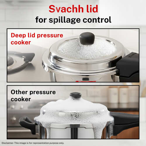 Prestige 5 Litre Stainless Steel Deluxe Alpha Svachh Outer Lid Deep Pressure Pan Cooker | 10Y Warranty | Deep Lid for Spillage Control | TRIPLY Base | GRS | Gas & Induction Compatible | ISI