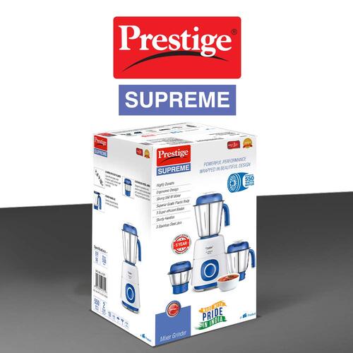 Prestige 550 Watts Supreme Mixer Grinder with 3 Stainless Steel Jars| Ergonomic Design| Sturdy Handles| Blue & White