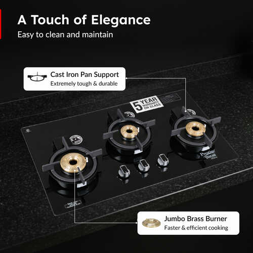 Prestige Svachh Efficia Hob 03 AI (with Toughened Glass Top Multi Spark Ignition System & 3 Brass Burners)
