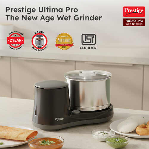 Prestige Ultima Pro 2 Litre Table Top Wet Grinder |200 Watts Heavy Duty Motor|Coconut Scraper Attachment|Atta Kneader Attachment|Stainless Steel Drum|2 Years Warranty|Silver & Black