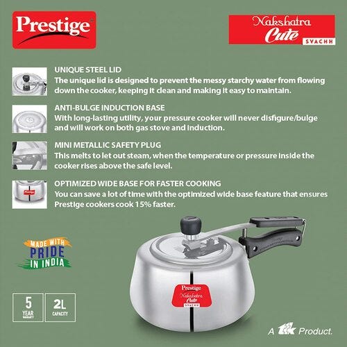 Prestige Nakshatra Cute Svachh Aluminium Gas and Induction Compatible Pressure Cooker (Silver)