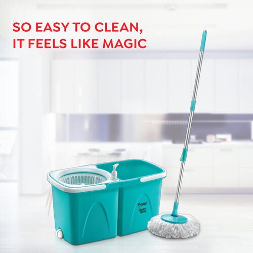 Prestige CleanHome PSB 03 Plastic Magic Mop with Two Mop Heads and Twin Bucket, 6.5L (Blue)