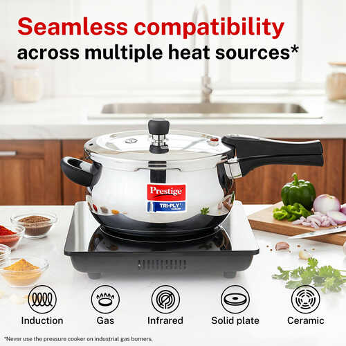 Prestige 5 Litre TRIPLY Svachh Outer Lid Pressure Cooker | Handi | Deep Lid for Spillage Control | Gas & Induction Compatible | Gasket Release System | Visual Pressure Indicator | 5Y Warranty | ISI