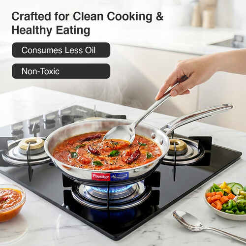 Prestige 26cm/2.3L Tri-Ply Stainless Steel Splendid Fry Pan| Gas and Induction Compatible| Even Heat Distribution| Thick Gauge Tri-Ply Body
